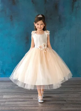 Girls Champagne Beaded Flower Appliques Tulle Flower Girl Dress 2-16