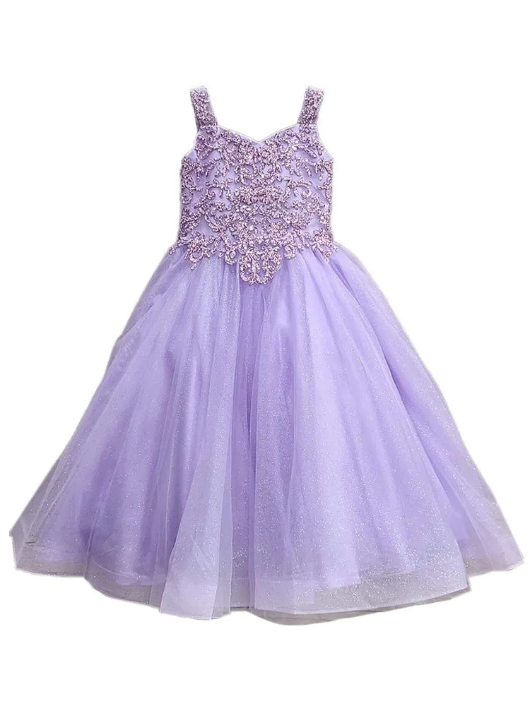 Girls Embroidered Bodice Glitter Lace Tulle Gown, Size 12