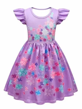 Girls Lavender Pink Blue Floral Print Wing Sleeve Halloween Party Dress 2-9
