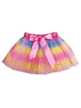 Girls Multi Color Rainbow Shiny Star Bow Accent Tulle Halloween Party Tutu Skirt 1-8