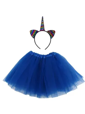 Girls Rainbow Royal Blue Unicorn Costume - Complete Kids Costume Set with Tutu & Flip Sequin Unicorn Headband Horn