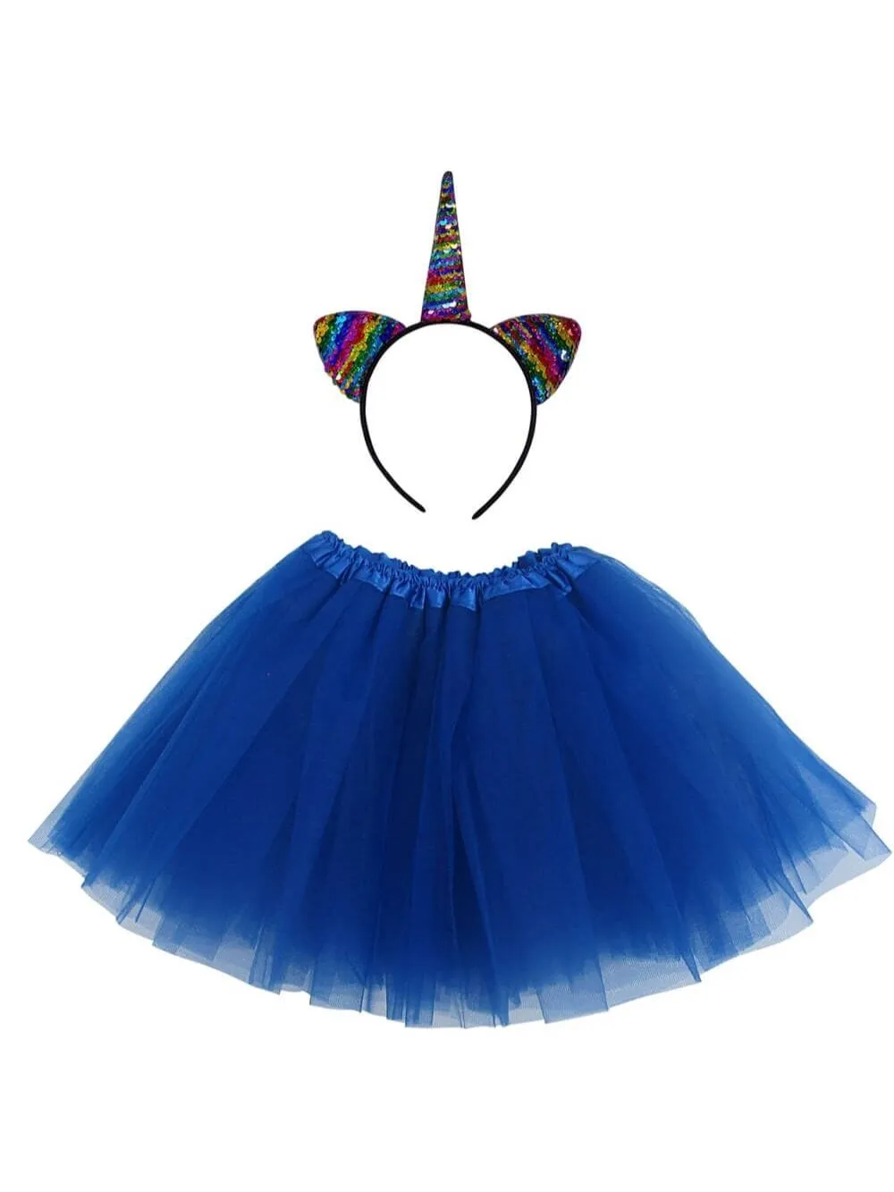 Girls Rainbow Royal Blue Unicorn Costume - Complete Kids Costume Set with Tutu & Flip Sequin Unicorn Headband Horn
