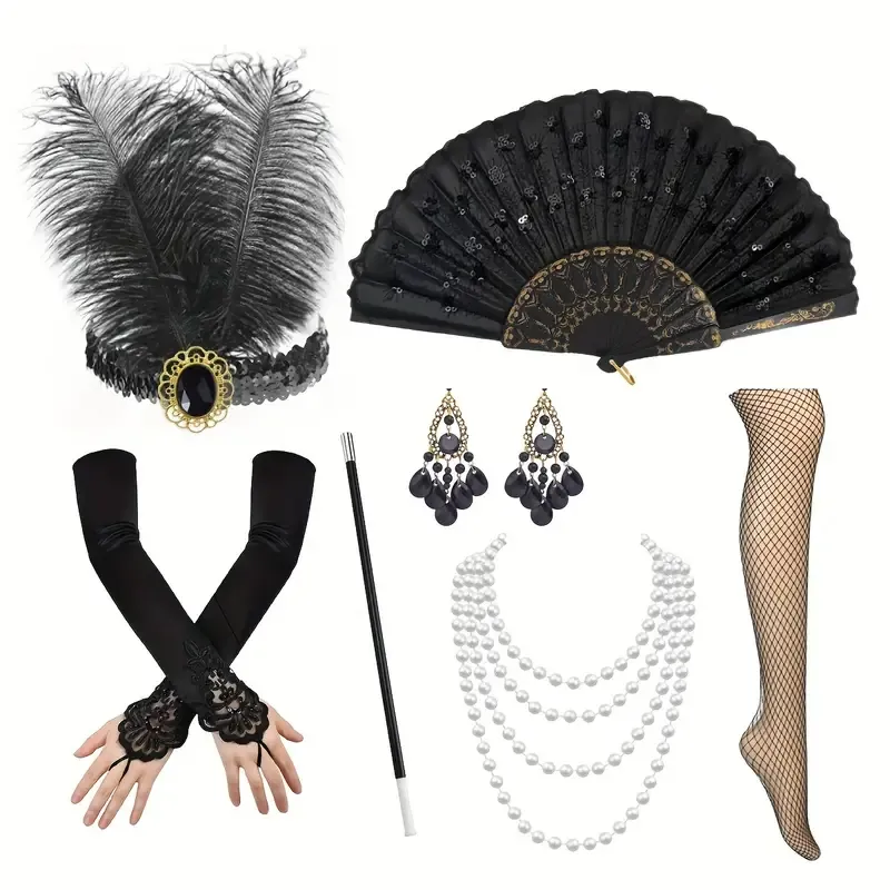 Great Gatsby 1920's Flapper Feather Costume Accessories 7pcs Set - Style 13