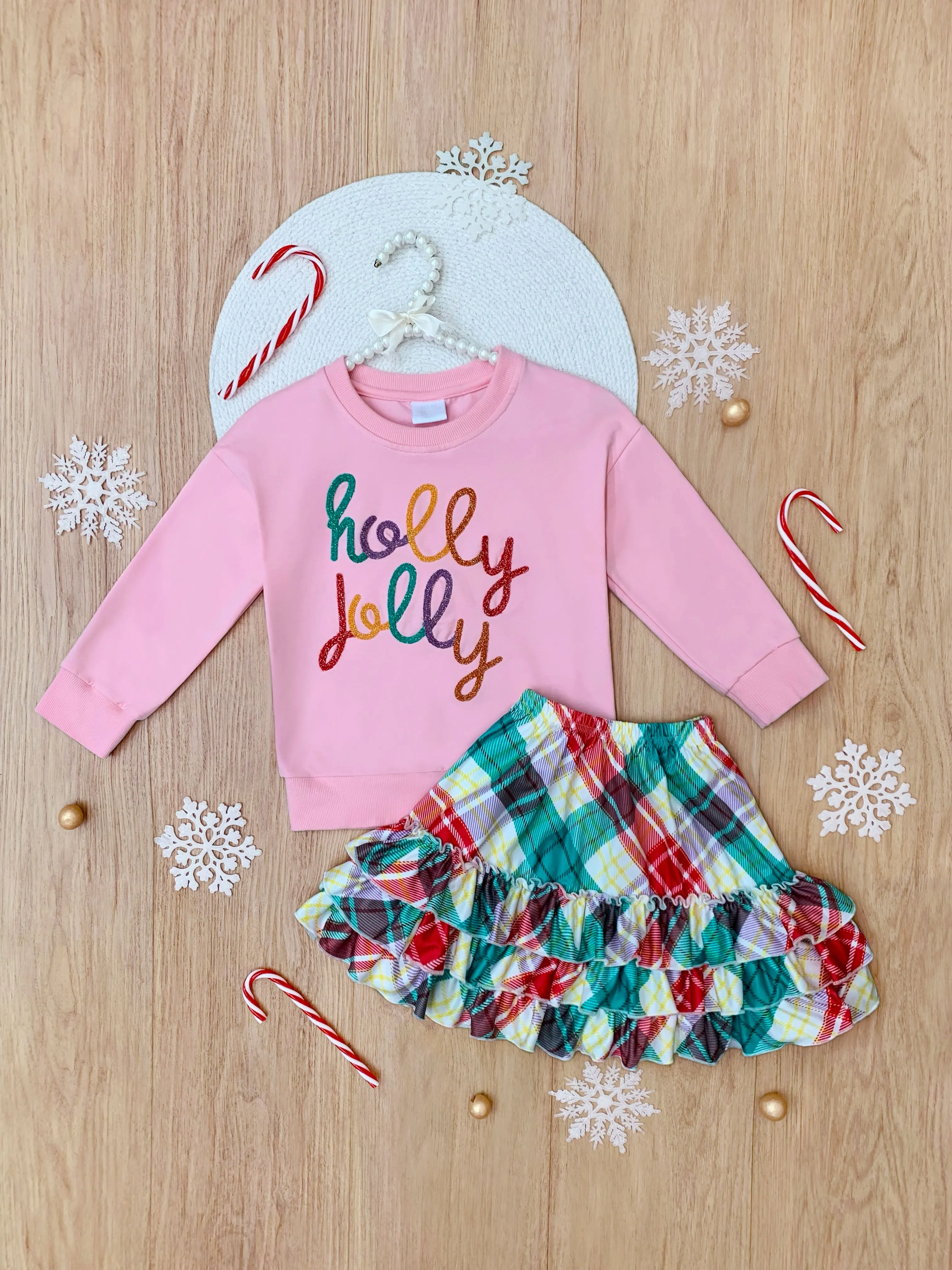 Holly Jolly Pink Top and Christmas Plaid Ruffle Skirt Set