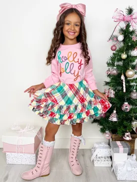 Holly Jolly Pink Top and Christmas Plaid Ruffle Skirt Set