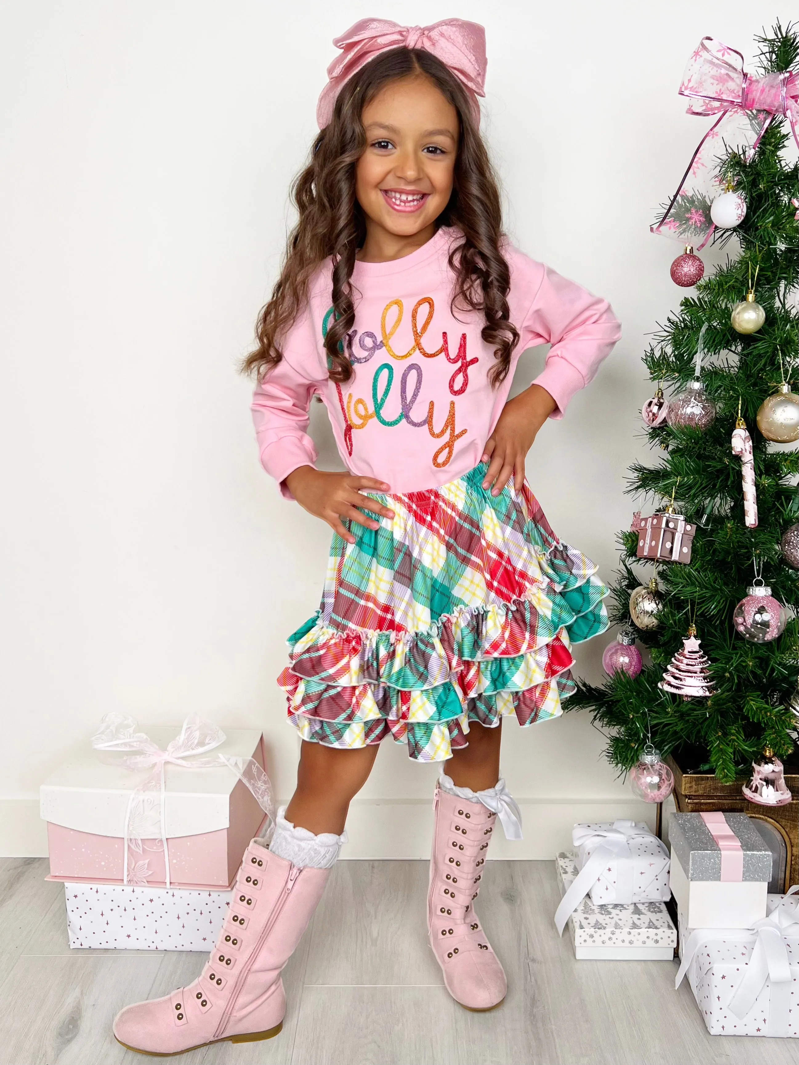 Holly Jolly Pink Top and Christmas Plaid Ruffle Skirt Set