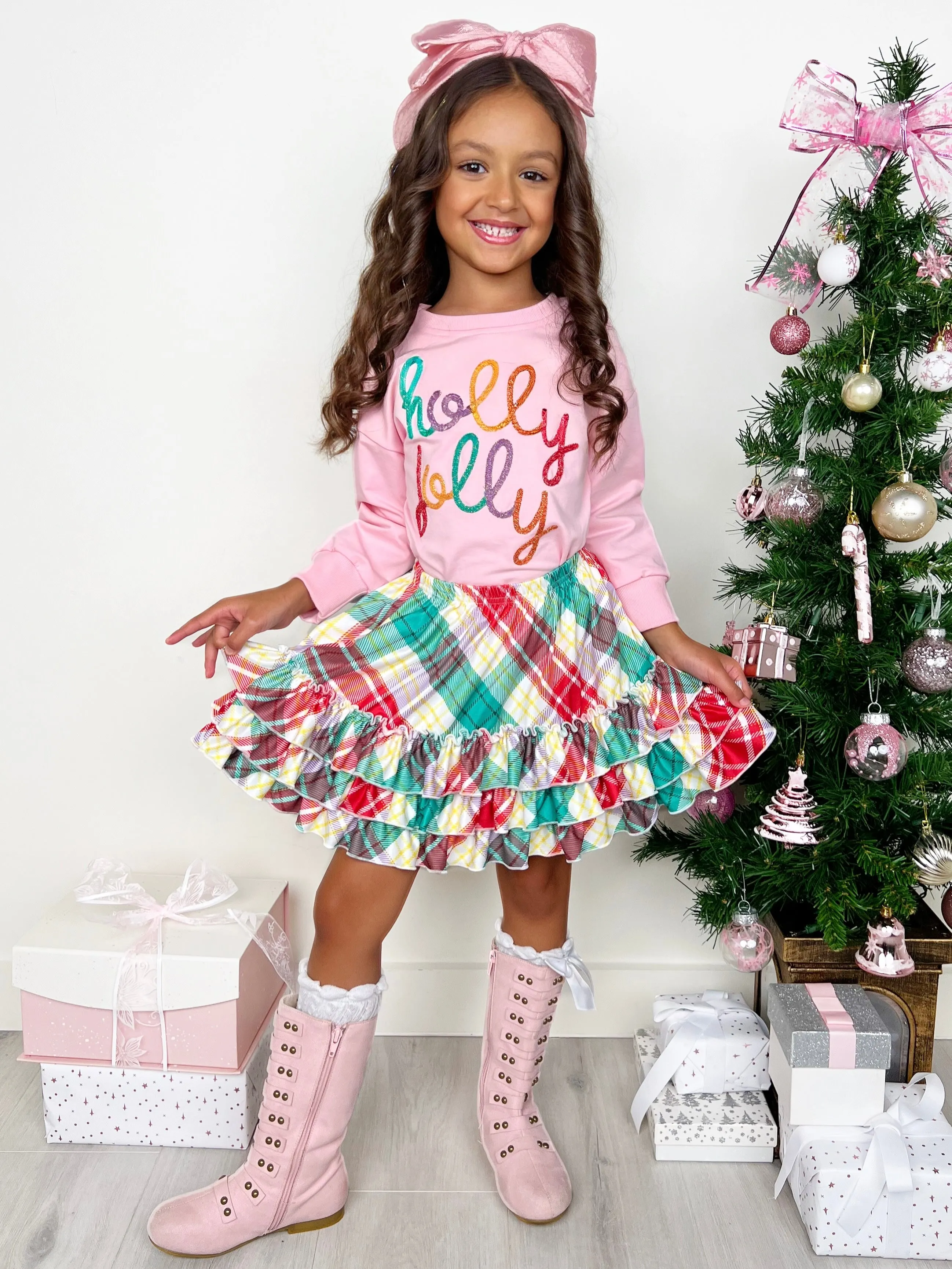 Holly Jolly Pink Top and Christmas Plaid Ruffle Skirt Set