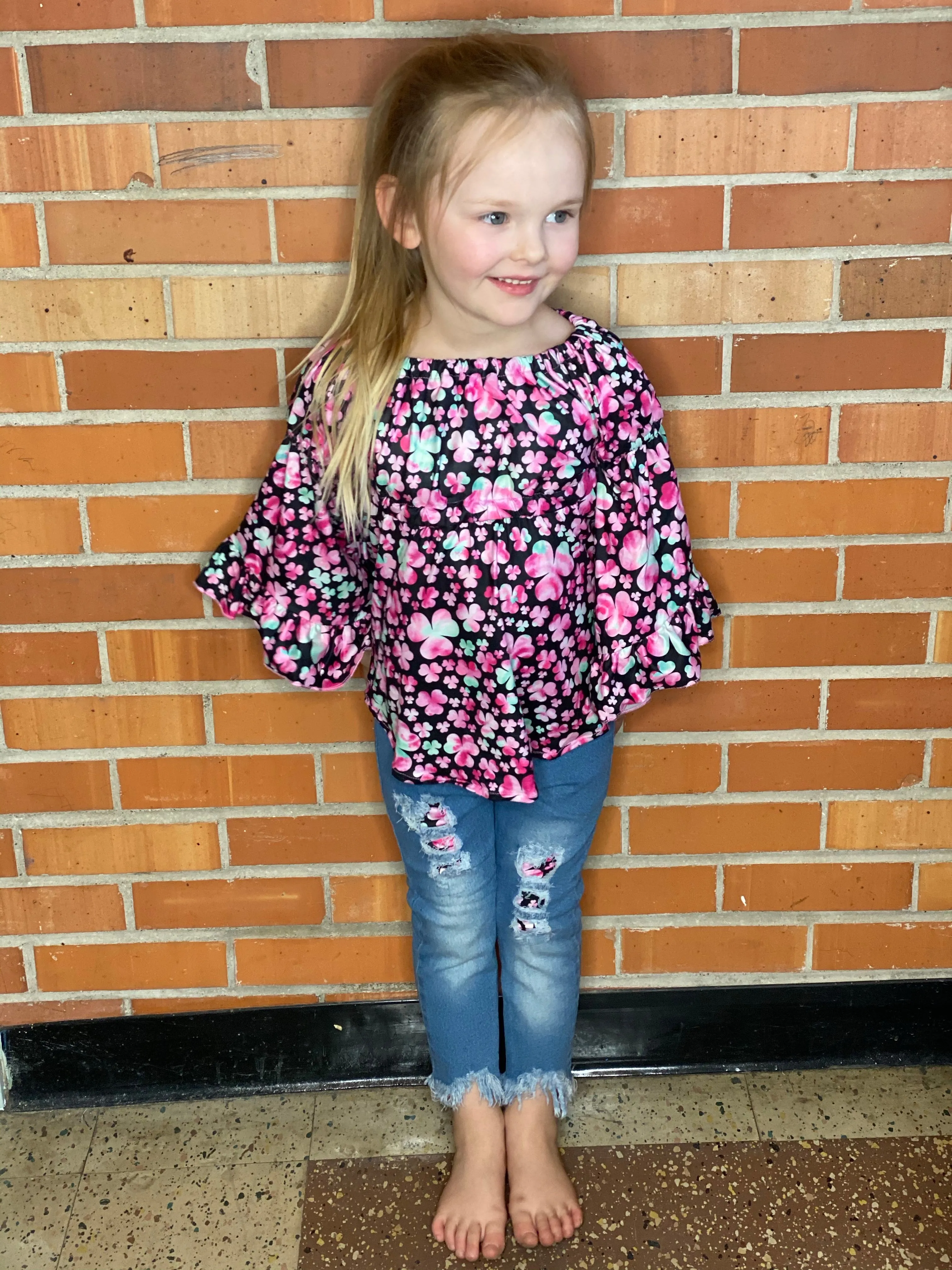 Kids Pink Clover Top and Jeans Set
