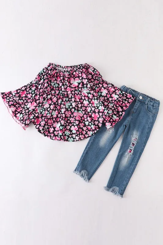 Kids Pink Clover Top and Jeans Set