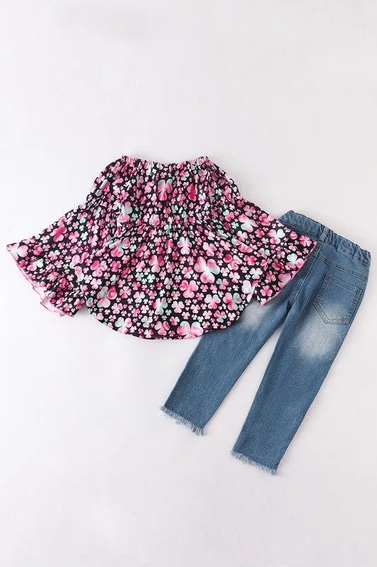 Kids Pink Clover Top and Jeans Set