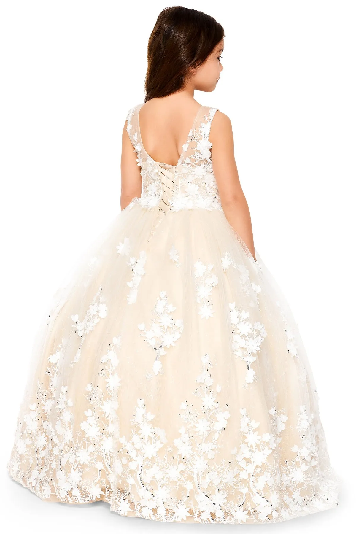 Little Girls Champagne 3D Floral Applique Lace Sequin Flower Girl Dress 2-6