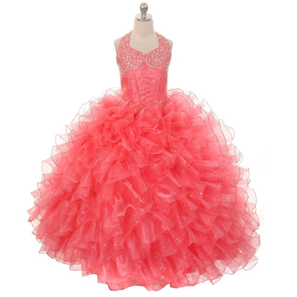 Little Girls Coral Sequin Sparkly Ruffle Bolero Pageant Dress 4-6