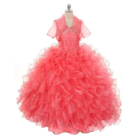 Little Girls Coral Sequin Sparkly Ruffle Bolero Pageant Dress 4-6
