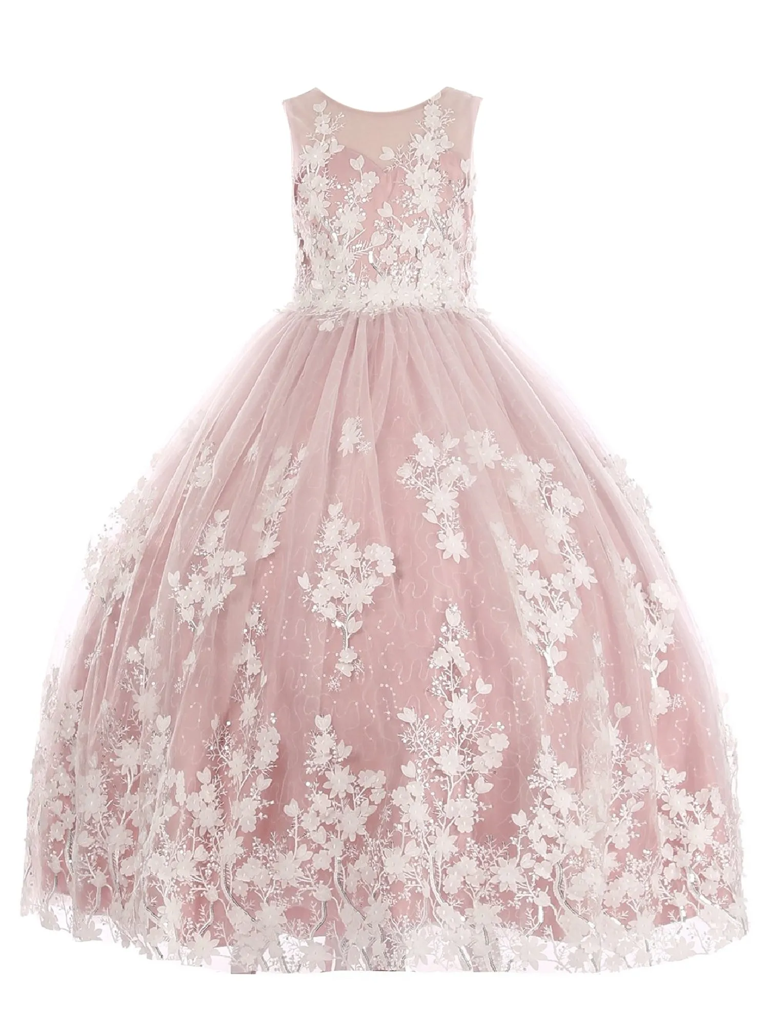 Little Girls Mauve 3D Floral Applique Lace Sequin Flower Girl Dress 2-6