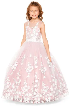 Little Girls Mauve 3D Floral Applique Lace Sequin Flower Girl Dress 2-6