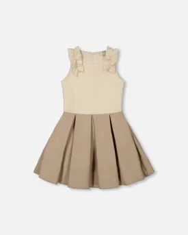 Neoprene Pleated Dress With Ruffle Off-White And Beige