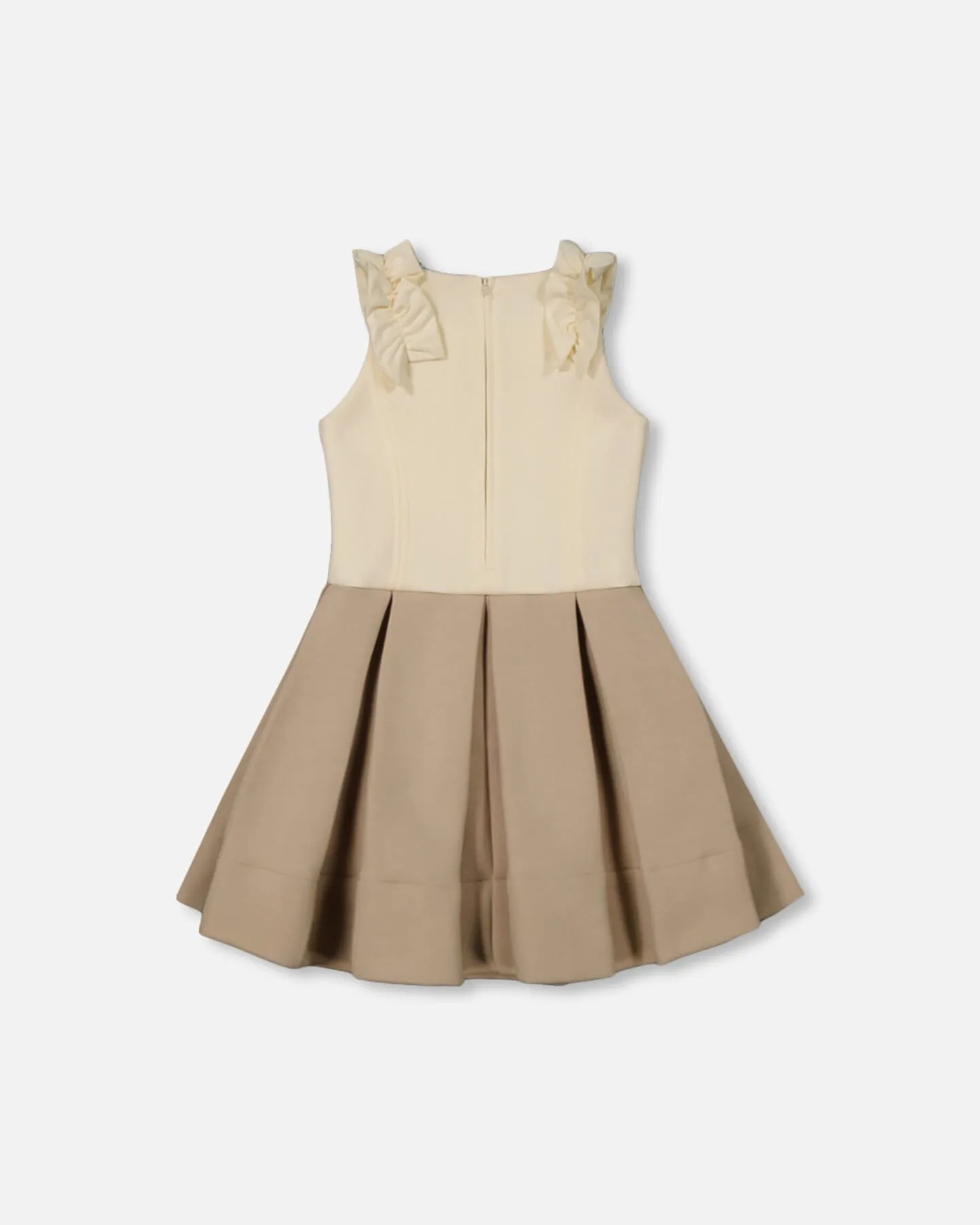 Neoprene Pleated Dress With Ruffle Off-White And Beige