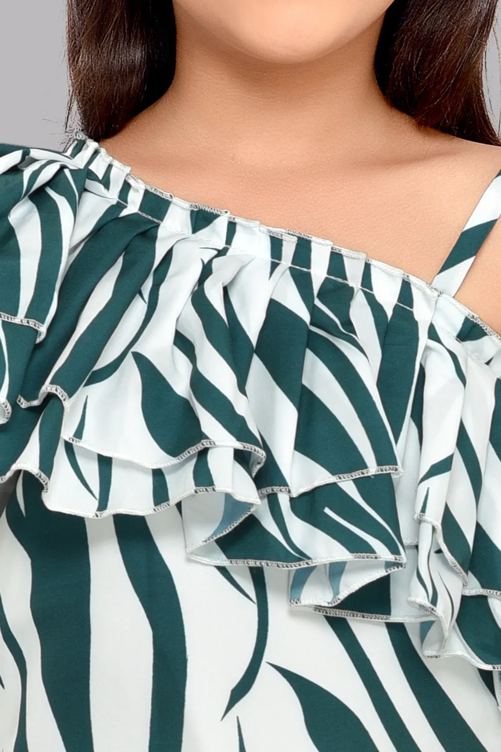 One Shoulder Zebra Print Top with Ruffles- Green