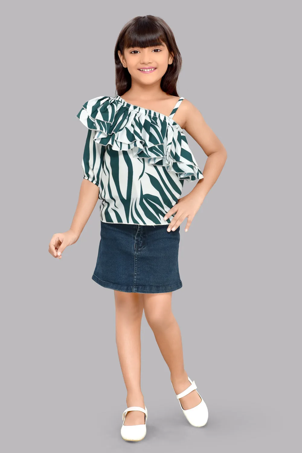 One Shoulder Zebra Print Top with Ruffles- Green