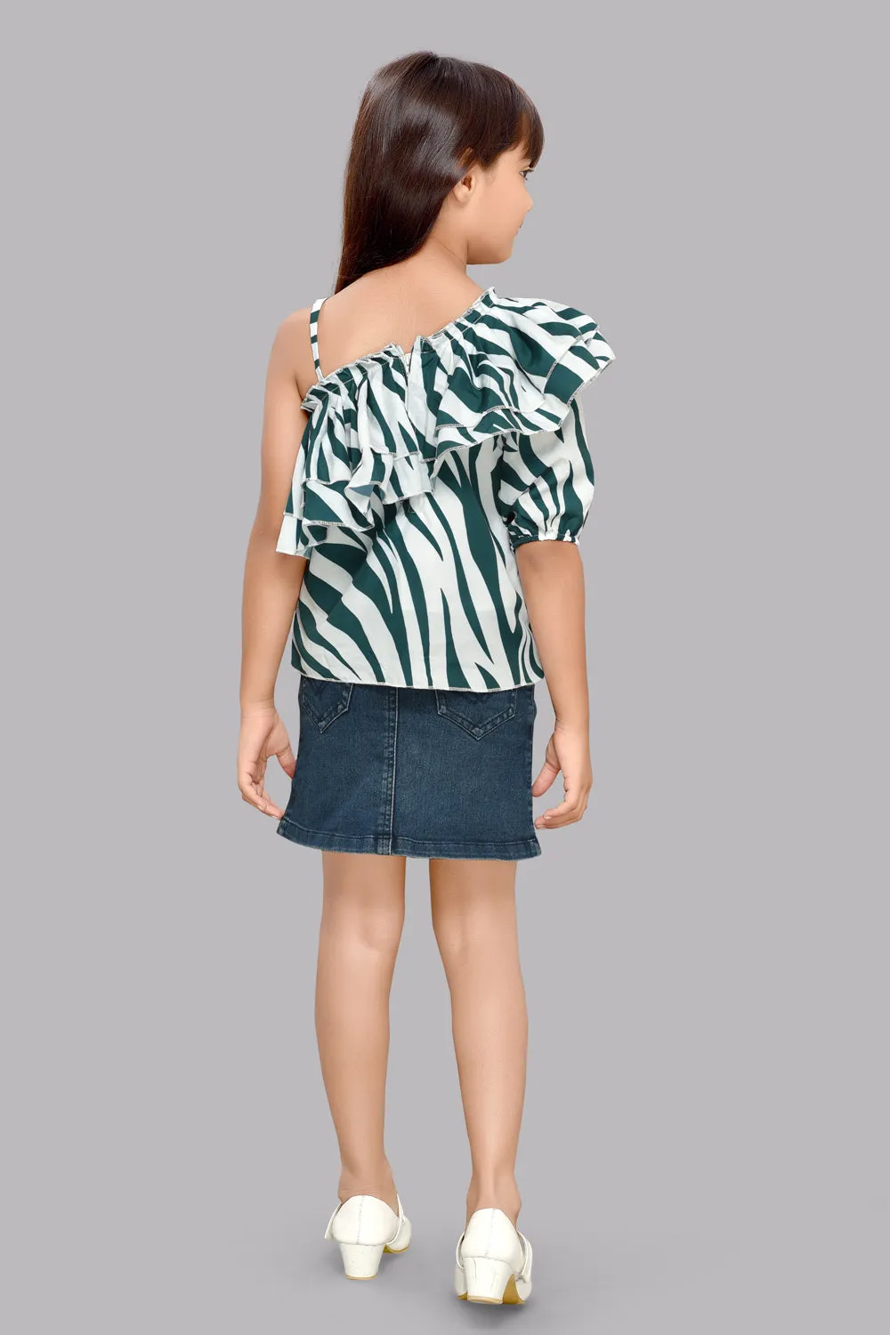 One Shoulder Zebra Print Top with Ruffles- Green