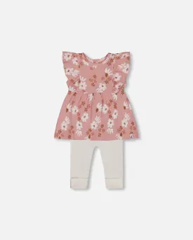 Printed Muslin Tunic And Rib Leggings Set Pink And White Flowers Printed Muslin Tunic And Rib Leggings Set Pink And White Flowers