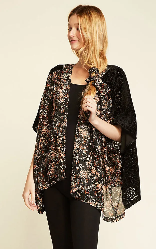 SM1968 Velvet Two Tone Shirred Shoulder Kimono