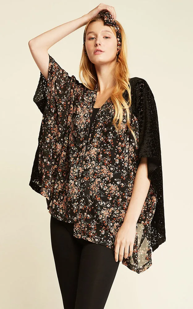 SM1968 Velvet Two Tone Shirred Shoulder Kimono