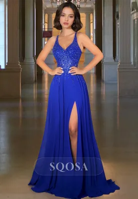 Spaghetti Straps Sequined Beaded Formal Gowns V-Neck Off-Shoulder Sleeveless Chiffon Fitted Prom Dress