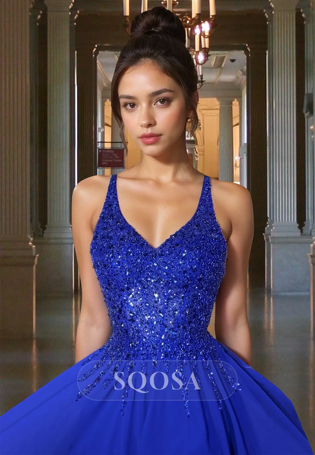 Spaghetti Straps Sequined Beaded Formal Gowns V-Neck Off-Shoulder Sleeveless Chiffon Fitted Prom Dress