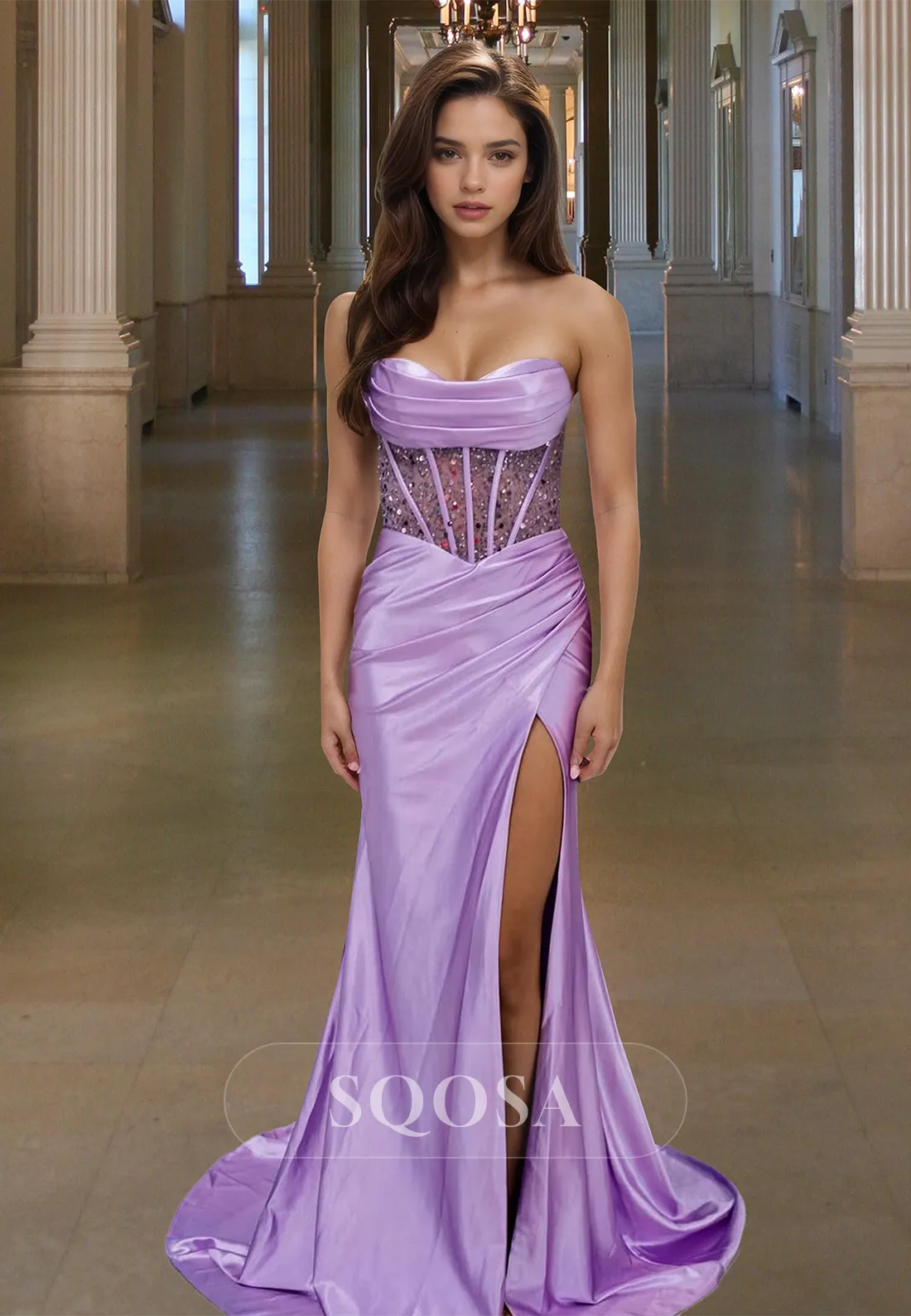 Sweetheart Off-Shoulder Sleeveless Mermaid Prom Dress Beaded Sequined Pleated Formal Gowns with Slit
