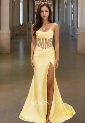 Sweetheart Off-Shoulder Sleeveless Mermaid Prom Dress Beaded Sequined Pleated Formal Gowns with Slit