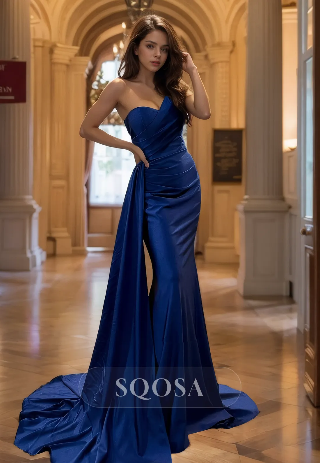 Sweetheart One-Strap Off-Shoulder Mermaid Prom Dress Satin Pleated Sweep Train Party Gowns