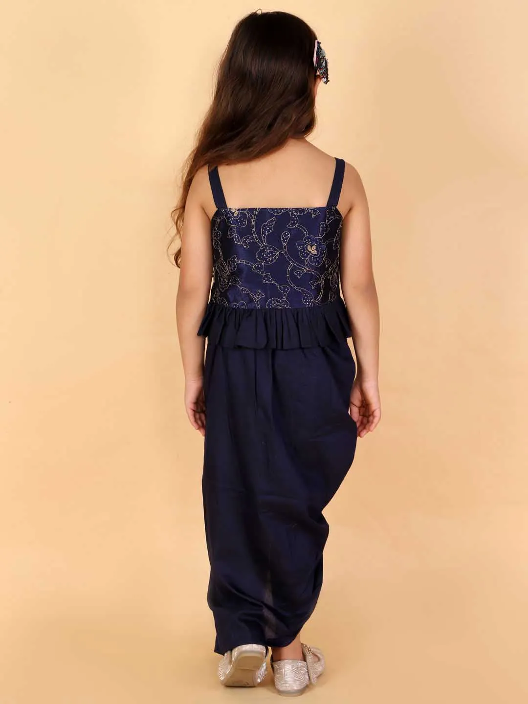 Vastramay Girl's Navy Blue Draped Skirt With Crop Top