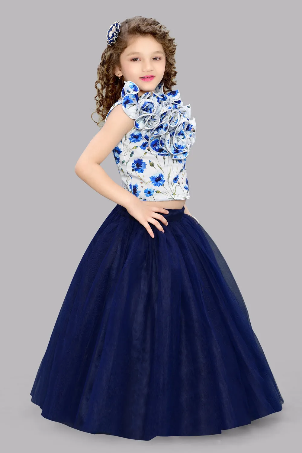 White & Blue  Floral Top with Tulle Skirt