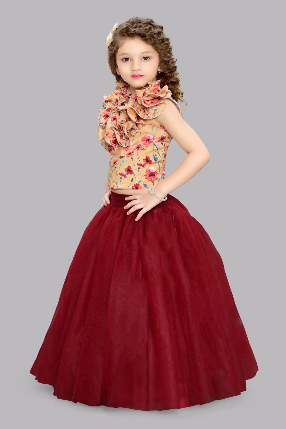 Yellow & Maroon  Floral Top with Tulle Skirt